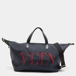 Valentino Dark Blue Leather and Nylon VLTN Travel Tote