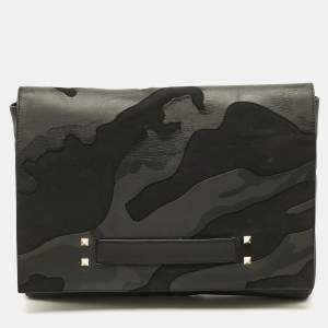 Pre Owned حقيبة كلاتش فالنتينو روكستود قماش وتمس الأسود/الرمادي</