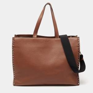 Valentino Brown Leather Large Rockstud Tote
