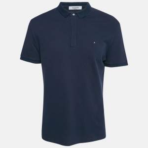 Valentino Navy Blue Cotton Polo Stud Detail T-Shirt L