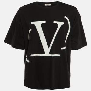 Valentino Black V Logo Print Cotton Crew Neck T-Shirt XL