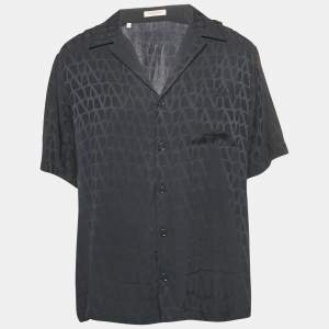 Valentino Black Silk Logo Jacquard Oversized Bowling Shirt S
