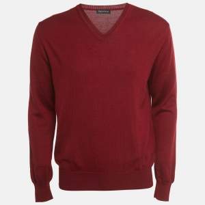 Pre Owned Valentino Burgundy Logo Embroidered Wool Blend V-Neck Jumper L