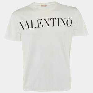 Pre Owned Valentino White Logo Print Cotton Crew Neck T-Shirt M