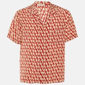 Pre Owned Valentino Beige /Red All Over V -Logo Print Silk Shirt XS 