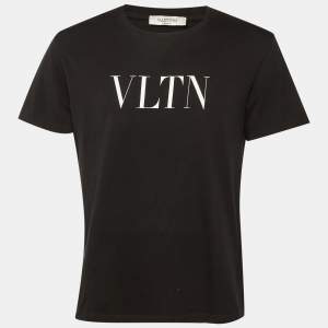 Pre Owned تي شيرت فالنتينو قطن أسود بعبارة في أل تي إن رقبة مستديرة مقاس كبير - لارج