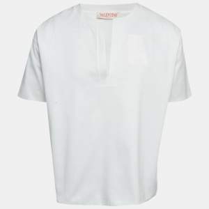 Pre Owned تي شيرت فالنتينو جيرسيه أبيض بياقة مشقوقة مقاس صغير - سمول