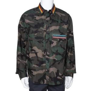 Valentino Green Camouflage Print Cotton Bead Embroidered Shirt XL