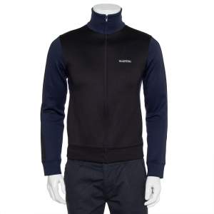 Valentino Black & Navy Blue Paneled Jersey Logo Printed Zip Front Track Jacket XS