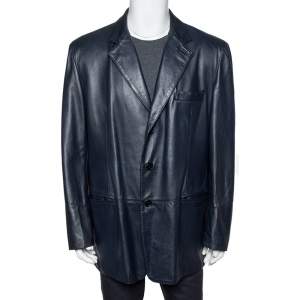 Valentino Vintage Midnight Blue Leather Button Front Jacket XL