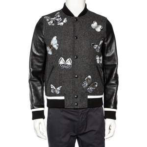 Valentino Charcoal Grey Wool & Black Leather Embroidered Bomber Jacket XS