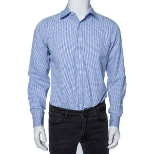 Valentino Blue Checkered Cotton Tailored Fit Shirt M 