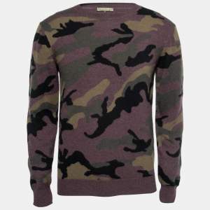 Pre Owned Valentino Burgundy Camouflage Intarsia Knit Cashmere Crew Neck Sweater M