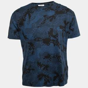 Valentino Blue Logo Camouflage Print Cotton T-Shirt M