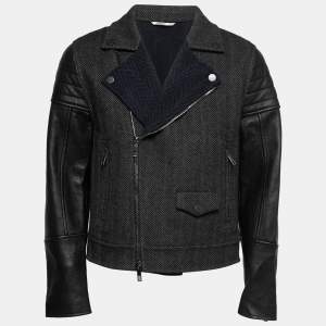 Valentino Black Herringbone Patterned Wool & Leather Biker Jacket L