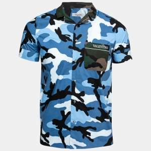 Valentino Blue Camouflage Print Cotton Short Sleeve Shirt S
