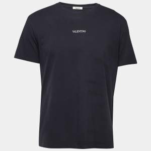 Valentino Navy Blue Logo Print Cotton Crew Neck Half Sleeve T-Shirt L