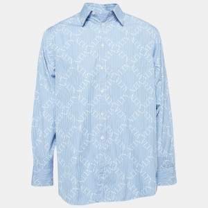 Valentino Blue Striped Logo Printed Cotton Long Sleeve Shirt M