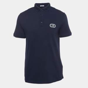 Valentino Navy Blue Cotton Pique Logo Embroidered Polo T-Shirt L