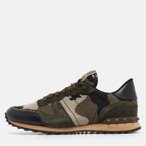 Valentino Green Suede and Leather Camouflage Rockrunner Low Top Sneakers 43.5