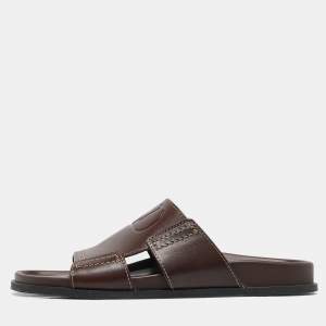 Valentino Brown Leather Escape V logo Slide Sandals Size 41