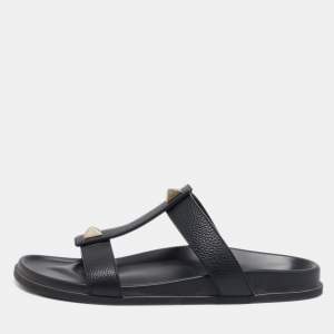 Valentino Black Leather Studded Flat Sandals Size 45
