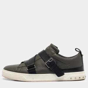 Valentino Green/Black Leather Buckle Strap Rockstud Sneakers Size 44