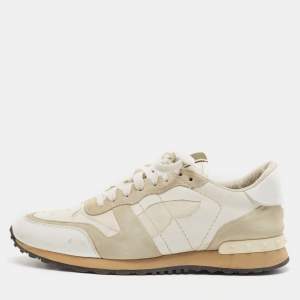 Pre Owned Valentino Grey/White Leather and Suede Rockrunner Low-Top Sneakers Size 42