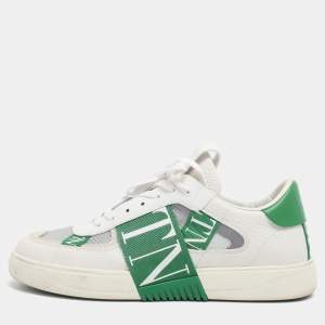 Pre Owned Valentino White/Green Leather and Mesh VLTN Low Top Sneakers Size 44