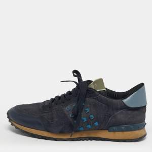 Pre Owned Valentino Rockrunner Size 42 Navy Blue Leather and Suede Lace Up Sneakers