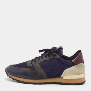 Pre Owned Valentino Rockrunner Size 41 Navy Blue/Grey Leather, Mesh and Suede Low Top Sneakers