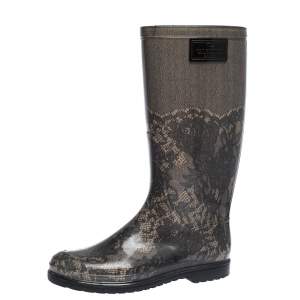 Pre Owned Valentino Grey/Black Lace Print Rubber Rain Boots Size 39