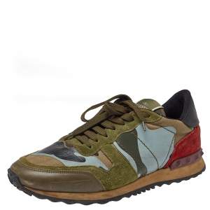 Pre Owned Valentino Multicolor Camo Leather and Suede Rockrunner Sneakers Size 41