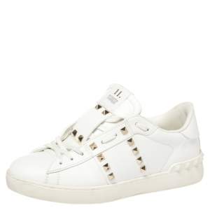 Pre Owned Valentino White Leather Rockstud Untitled Low-Top Sneakers Size 40.5