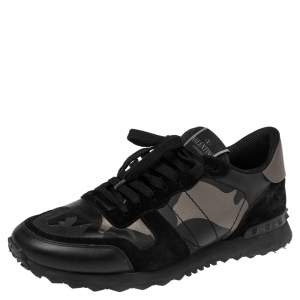 Pre Owned Valentino Black Suede And Camo Leather Rockstud Sneakers Size 43