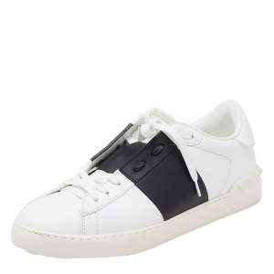 Valentino White/Black Band Leather Open Low Top Sneakers Size 40