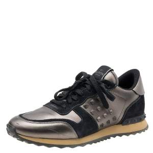 Valentino Metallic/Black Leather And Suede Rockrunner Sneakers Size 44