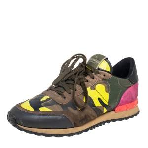 Valentino Multicolor Suede, Canvas and Camo Printed Leather Rockrunner Sneakers Size 41