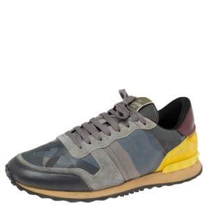 Valentino Yellow/Grey Camo Leather and Suede Rockrunner Low-Top Sneakers Size 42