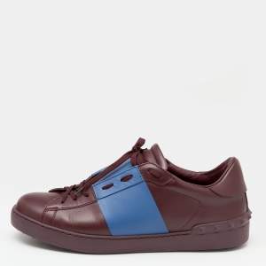Valentino Burgundy/Blue Leather Rockstud Low Top Sneakers Size 44