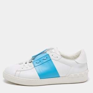 Valentino White/Blue Leather Rockstud Low Top Sneakers Size 42