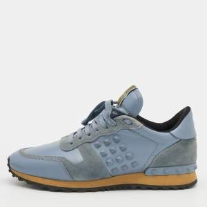 Valentino Light Blue Suede And Leather Rockstud Low Top Sneakers Size 41