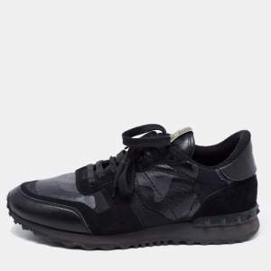 Valentino Black Camouflage Print Leather, Canvas and Suede Rockrunner Low-Top Sneakers Size 40