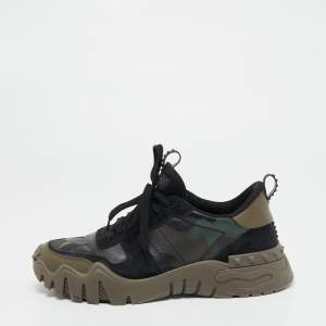 Valentino Black/Olive Green Camo Print Canvas, Leather and Suede Rockrunner Plus Sneakers Size 42.5