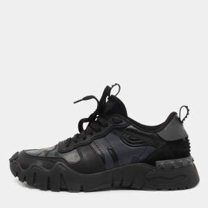 Pre Owned Valentino Black Camo Print Canvas and Leather Rockrunner Sneakers Size 43