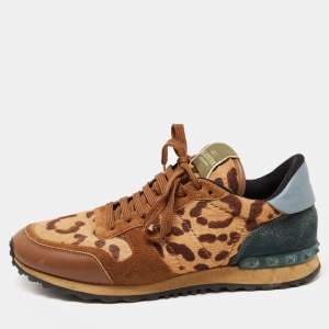 Valentino Tricolor Leopard Print Calf Hair and Leather Rockrunner Sneakers Size 42