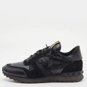 Pre Owned Valentino Black Camouflage Print Leather and Suede Rockrunner Low-Top Sneakers Size 40
