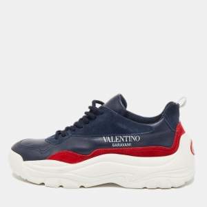 Valentino Blue/Red Suede And Leather Gumboy Low Top Sneakers Size 39