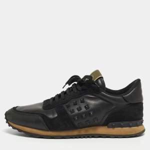 Pre Owned Valentino Black Leather and Suede Rockrunner Sneakers Size 43