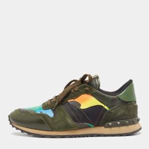 Pre Owned Valentino Multicolor Camo Print Leather and Suede Rockrunner Sneakers Size 41